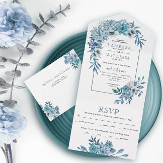 Arch with teal, aqua blue flowers, leaves wedding all in one invitation