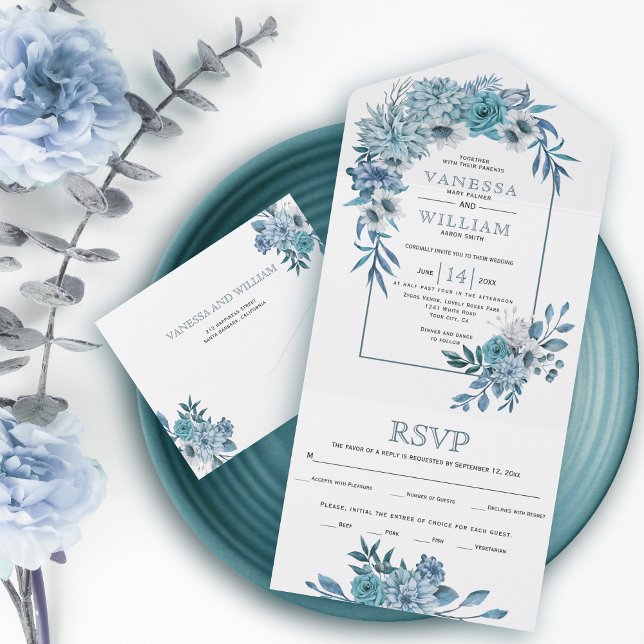 Arch with teal, aqua blue flowers, leaves wedding all in one invitation (Creator Uploaded)