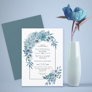 Arch with teal blue flowers and leaves wedding invitation