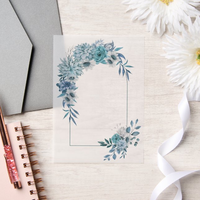 Arch with teal blue flowers and leaves wedding vellum invitations (Wedding)