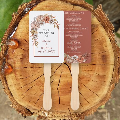 Arch with terracotta flowers wedding program hand fan