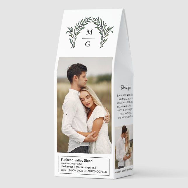 Arch Wreath Monogram Meet Cute Wedding Favor Roasted Coffee (Front)