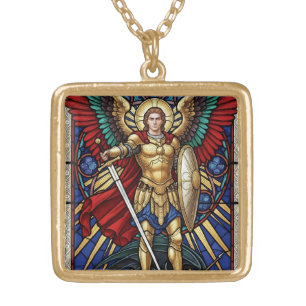 Archangel Michael - Colorful Stained Glass Angel Gold Plated Necklace