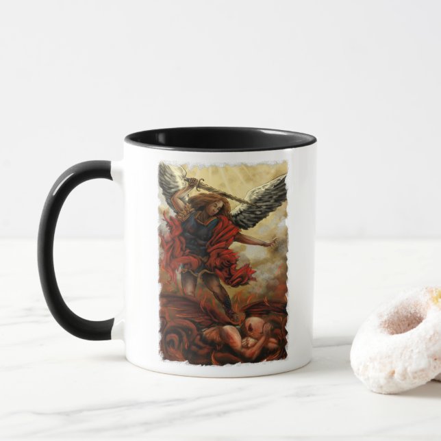 Archangel Michael Defeats Demon in Fire Mug (With Donut)