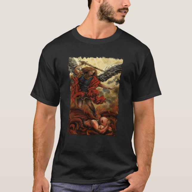 Archangel Michael Defeats Demon in Fire T-Shirt (Front)