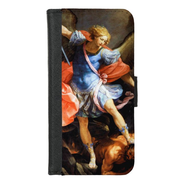 Archangel Michael tramples Satan, Guido Reni iPhone Wallet Case (Front)