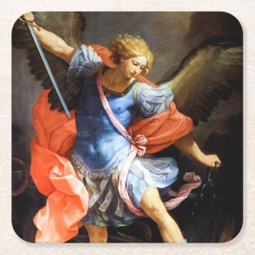 Archangel Michael tramples Satan Guido Reni Square Paper Coaster