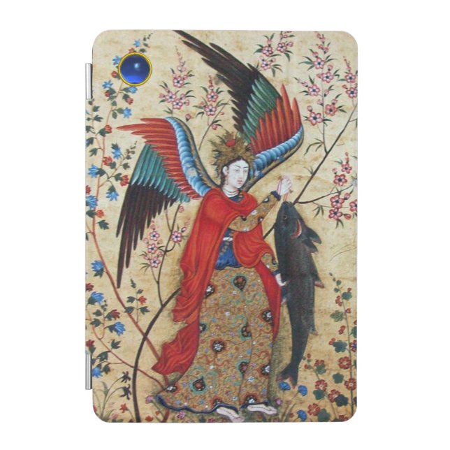 ARCHANGEL RAPHAEL AND FISH BLUE FLORAL PARCHMENT iPad MINI COVER (Front)