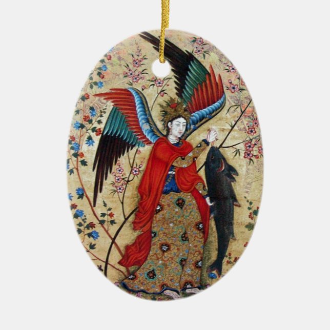 ARCHANGEL RAPHAEL AND FISH PARCHMENT CERAMIC ORNAMENT (Front)