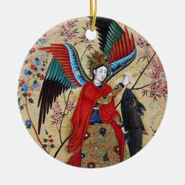 ARCHANGEL RAPHAEL AND FISH PARCHMENT CERAMIC ORNAMENT (Front)