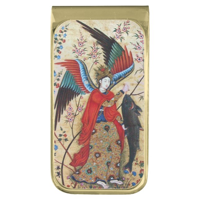 ARCHANGEL RAPHAEL AND FISH PARCHMENT GOLD FINISH MONEY CLIP (Front Vertical)