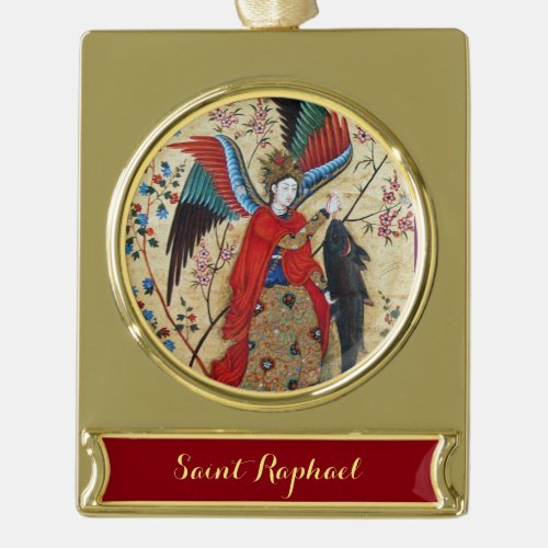 ARCHANGEL RAPHAEL AND FISH PARCHMENT GOLD PLATED BANNER ORNAMENT