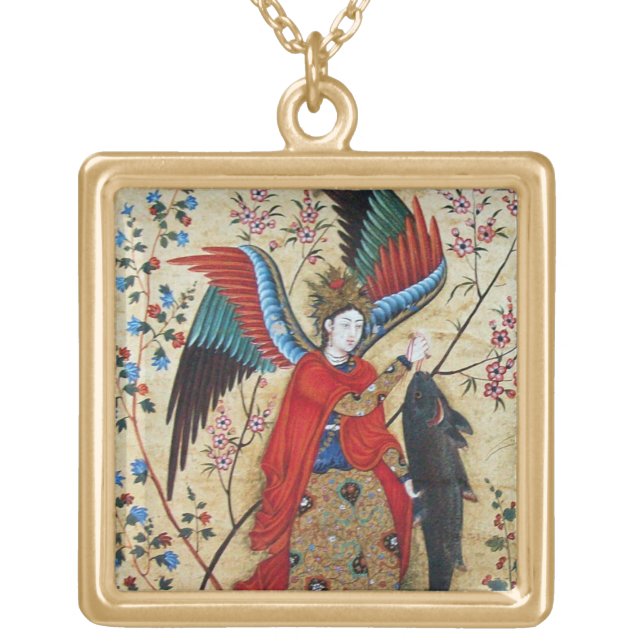 ARCHANGEL RAPHAEL AND FISH PARCHMENT GOLD PLATED NECKLACE (Front)