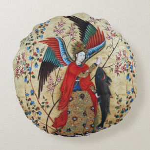 ARCHANGEL RAPHAEL AND FISH PARCHMENT ROUND PILLOW