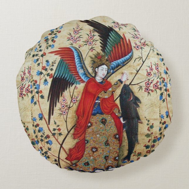 ARCHANGEL RAPHAEL AND FISH PARCHMENT ROUND PILLOW (Back)