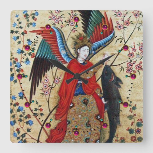 ARCHANGEL RAPHAEL AND FISH PARCHMENT SQUARE WALL CLOCK