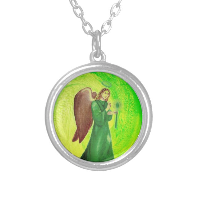 Archangel Raphael Silver Plated Round Necklace#2 Silver Plated Necklace (Front)