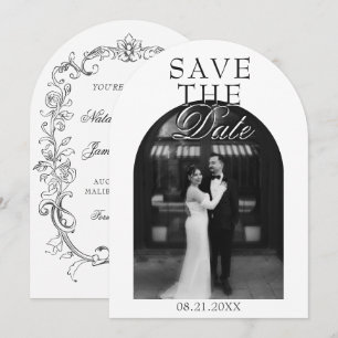 Arched Black And White Photo Old Money Wedding Save The Date