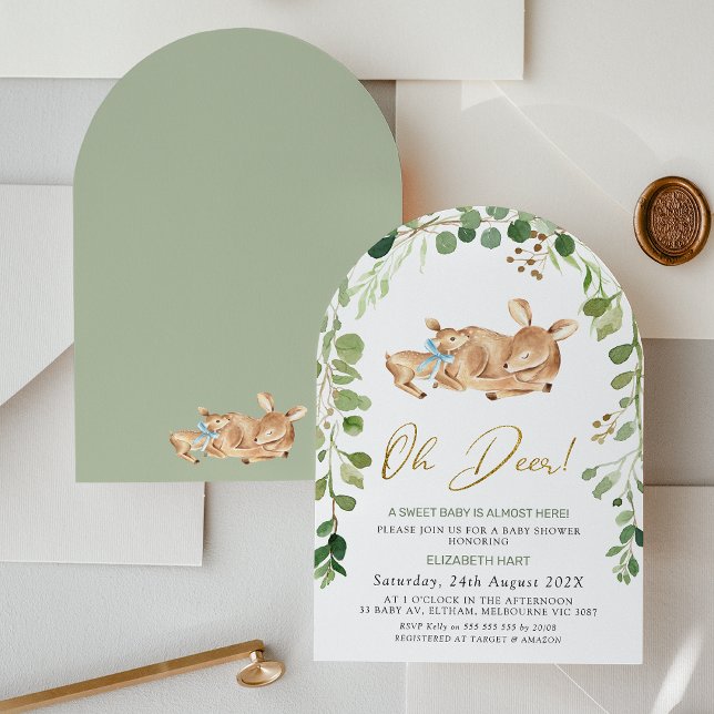 Arched Blue Bow Oh Deer Baby Shower Invitation (Greenery Arched Oh Deer Baby Shower Invitation, Gender Neutral, Deer Fawn Baby Shower Invite Foliage)