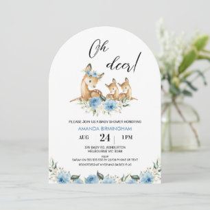 Arched Blue Floral Oh Deer Twins Baby Shower Invitation