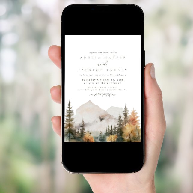 Arched Boho Watercolor Mountain Wedding Invitation (Front Digital)