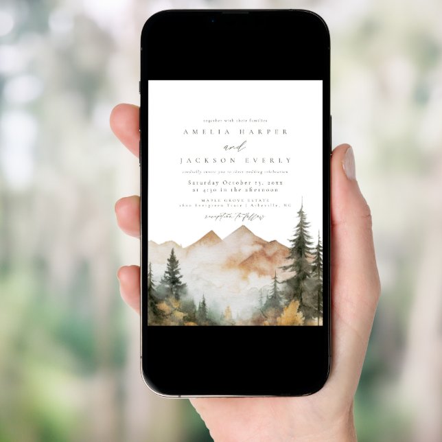 Arched Boho Watercolor Mountain Wedding Invitation (Front Digital)