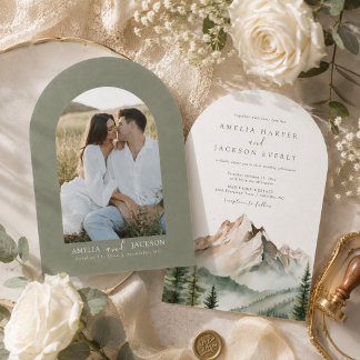 Arched Boho Watercolor Mountain Wedding Invitation