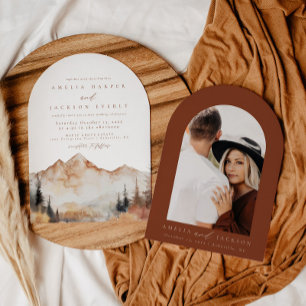 Arched Boho Watercolor Mountain Wedding Invitation