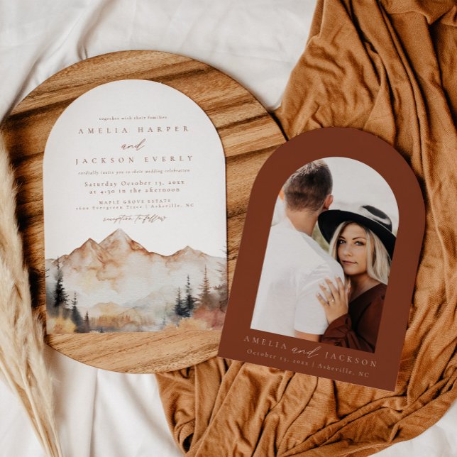 Arched Boho Watercolor Mountain Wedding Invitation (Creator Uploaded)