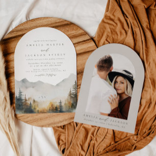 Arched Boho Watercolor Mountain Wedding Invitation