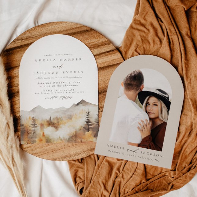 Arched Boho Watercolor Mountain Wedding Invitation (Creator Uploaded)