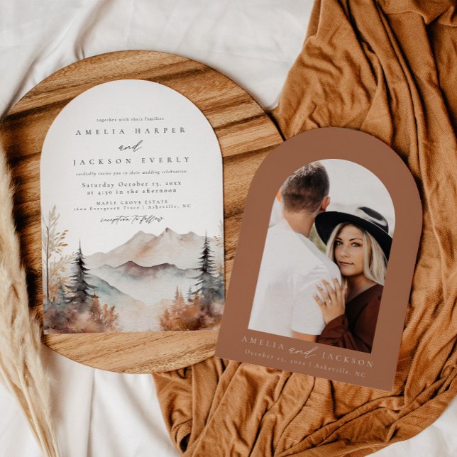 Arched Boho Watercolor Mountain Wedding Invitation (Creator Uploaded)
