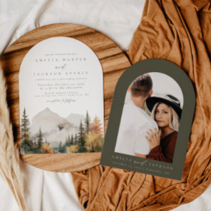 Arched Boho Watercolor Mountain Wedding Invitation
