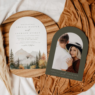 Arched Boho Watercolor Mountain Wedding Invitation