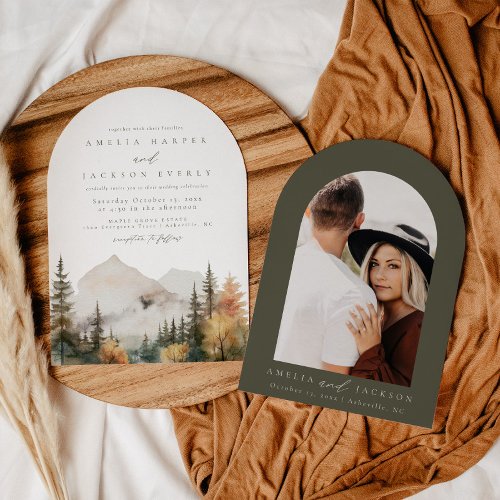Arched Boho Watercolor Mountain Wedding Invitation