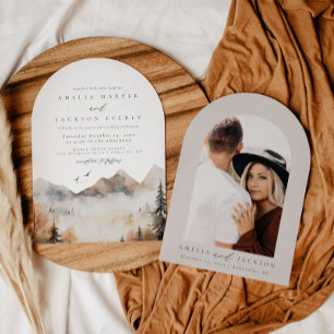 Arched Boho Watercolor Mountain Wedding Invitation
