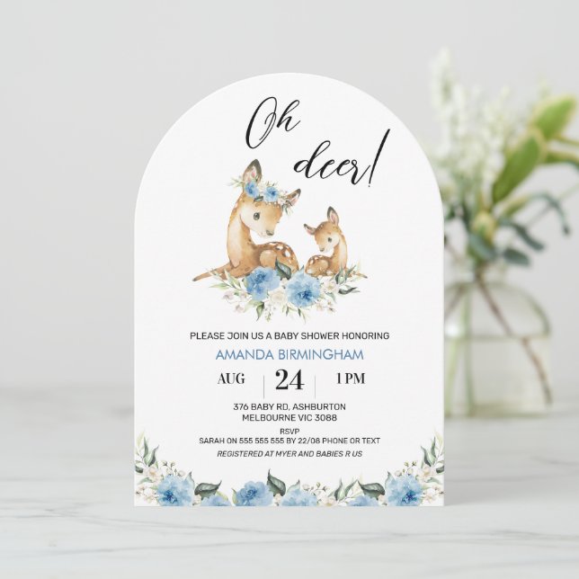 Arched Boys Blue Floral Oh Deer Baby Shower Invitation (Standing Front)