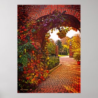 ARCHED BRICK ENTRYWAY, FALL FOLIAGE, GARDEN BEYOND