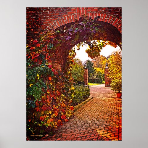 ARCHED BRICK ENTRYWAY FALL FOLIAGE GARDEN BEYOND POSTER