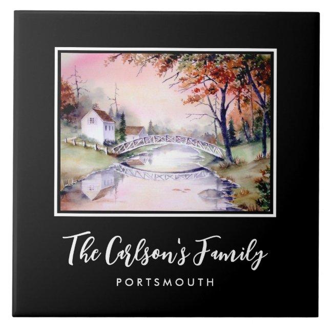 Arched Bridge Maine Autumn Watercolor Painting Ceramic Tile (Front)
