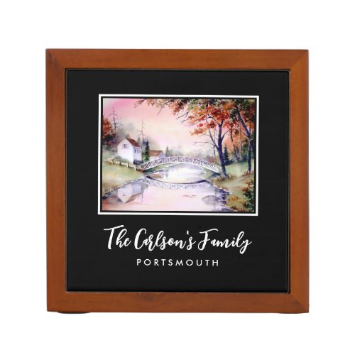 Arched Bridge Maine Autumn Watercolor Painting Desk Organizer