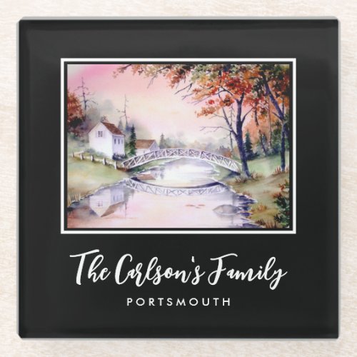 Arched Bridge Maine Autumn Watercolor Painting Gif Glass Coaster