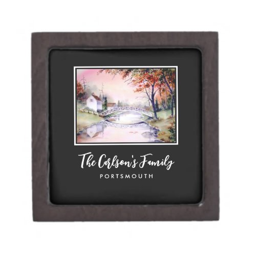 Arched Bridge Maine Autumn Watercolor Painting Gift Box