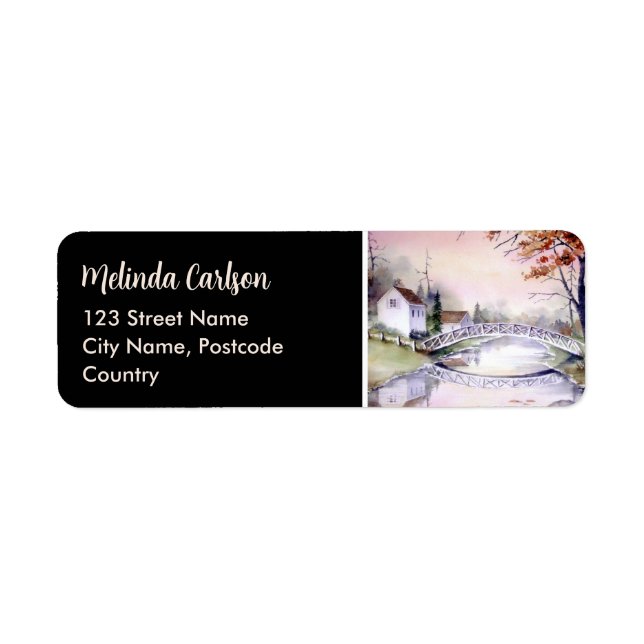 Arched Bridge Maine Autumn Watercolor Painting Label (Front)