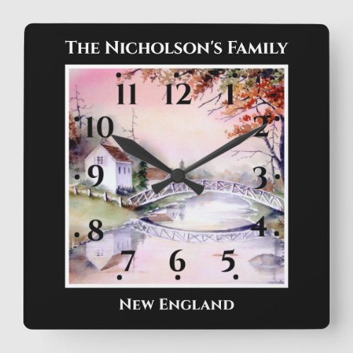 Arched Bridge New England Autumn Watercolor Black Square Wall Clock