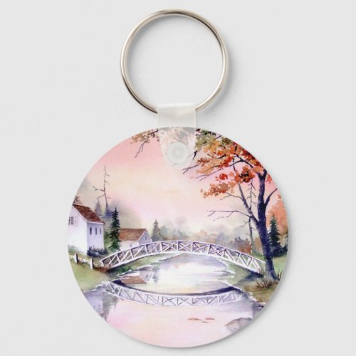 Arched Bridge New England Watercolor Painting Keychain