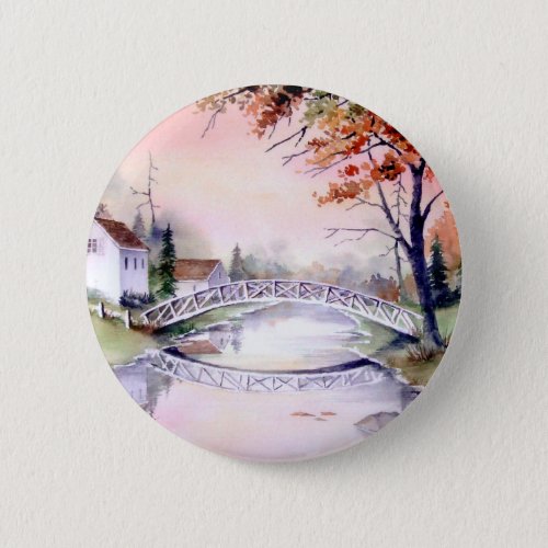 Arched Bridge New England Watercolor Painting Pinback Button