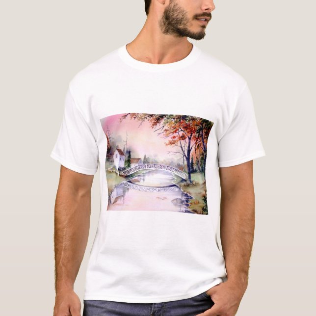 Arched Bridge New England Watercolor Painting T-Shirt (Front)