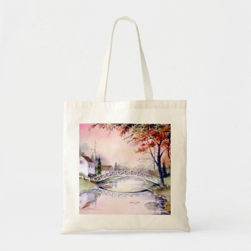 Arched Bridge New England Watercolor Painting Tote Bag