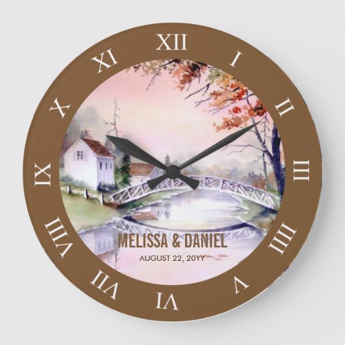 Arched Bridge Watercolor Painting Roman Numbers Large Clock